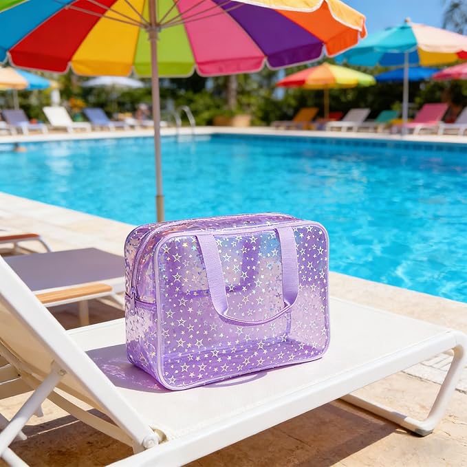 Clear Star Large Cosmetic Bag and Travel Pouch with Handle,Durable Material,Zipper Design-Ideal for Makeup,Travel Essentials (Purple+Shiny Star)