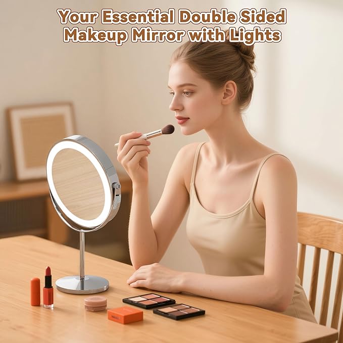 9" Magnifying Mirror with Light 1X/10X, Makeup Mirror with Light includes small mirror, 2000mAh Rechargeable, 360° Rotation, 3 Color Modes, Double-Sided, Ideal for Eyebrows, Lenses & Skincare