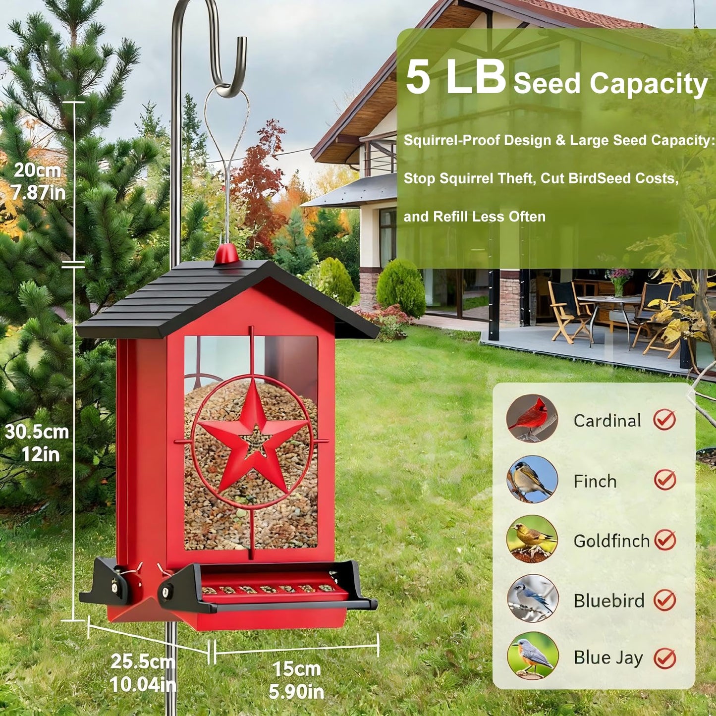 Squirrel Proof Bird Feeders for Outdoors with Weight-Activated, Metal 5LB Large Wild Bird Feeders for Cardinals,Blue Jay,Finch, Weatherproof Durable Hanging Bird Feeder for Backyard,Garden (Red)