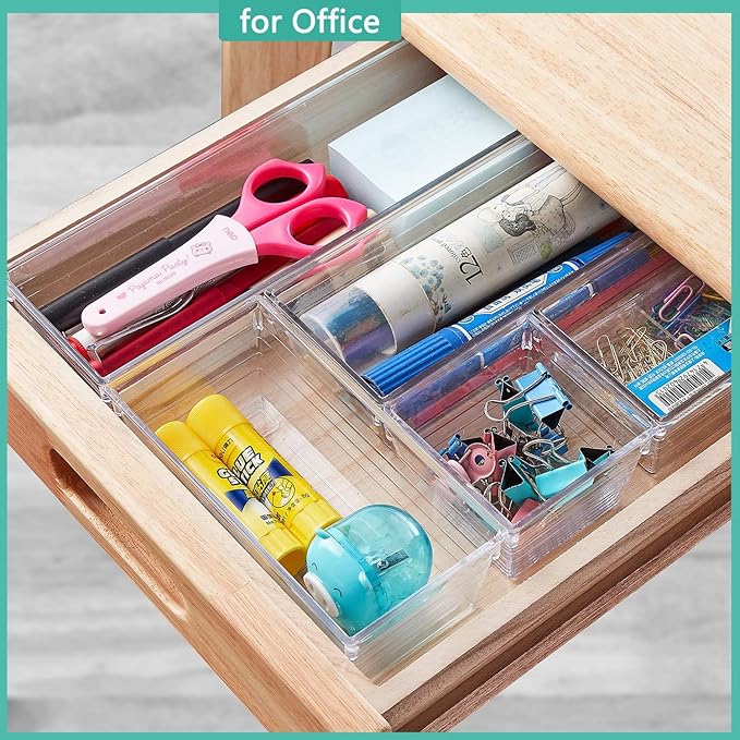 DCA 6 Pack Clear Drawer Organizer, Acrylic Drawer Storage Trays, Storage Bins for Makeup, Cosmetics, Jewelries, Utensils, Gadgets, Office