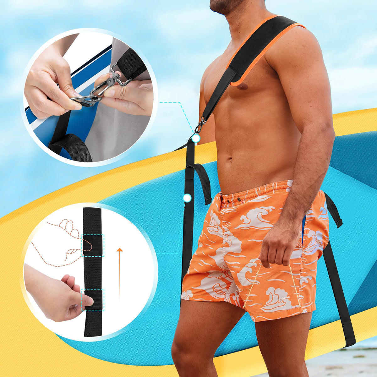 GOBUROS Paddle Board Carrying Strap, Adjustable SUP Kayak Carry Strap with Detachable Storage Bag and Metal Hardware for Paddle boards, Surfboards, Long boards, Canoe and Kayak, Black