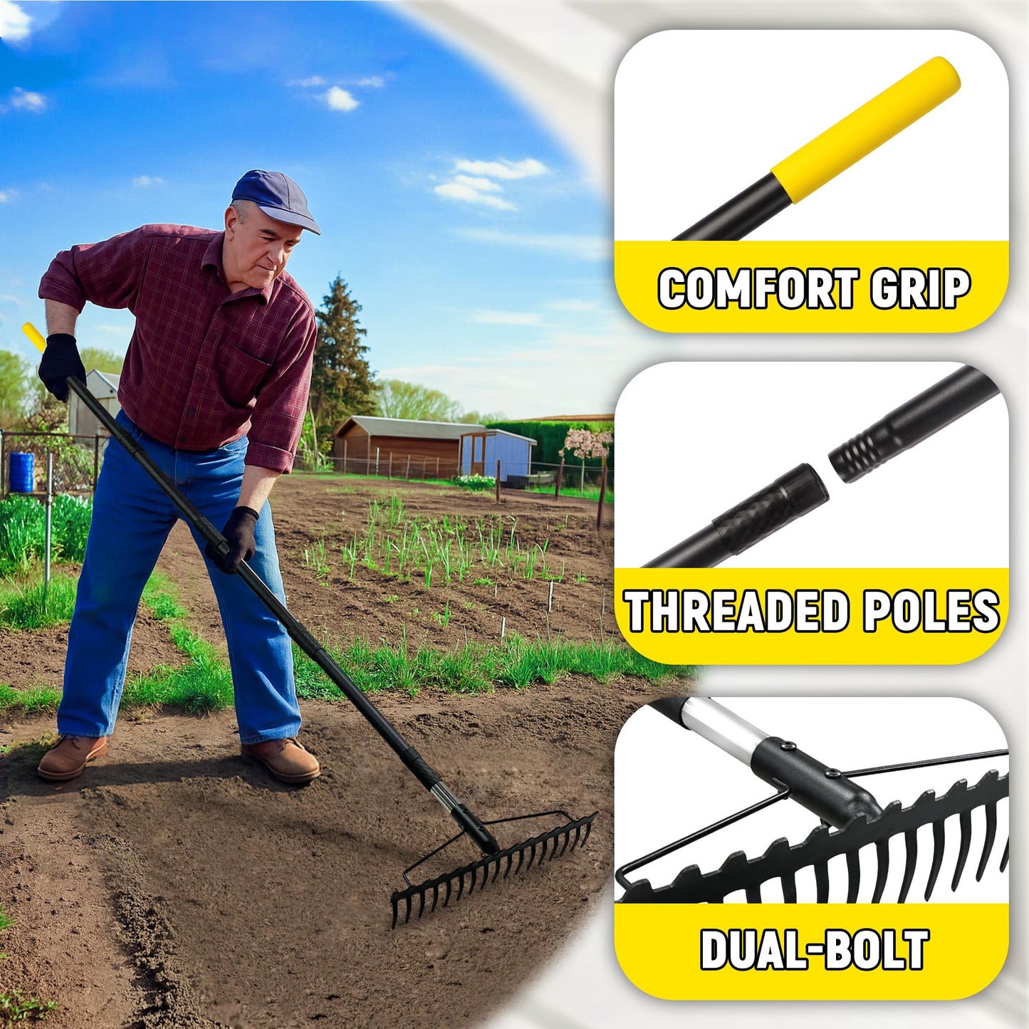 BlumeTrec Bow Rake, 68-Inch Adjustable Handle Garden Rake with 17 Steel Tines, Heavy Duty Dual-Sided Metal Rake Landscape Gardening Tool for Soil Loosening Lawn Yard Leaves Mulch Thatch Removing