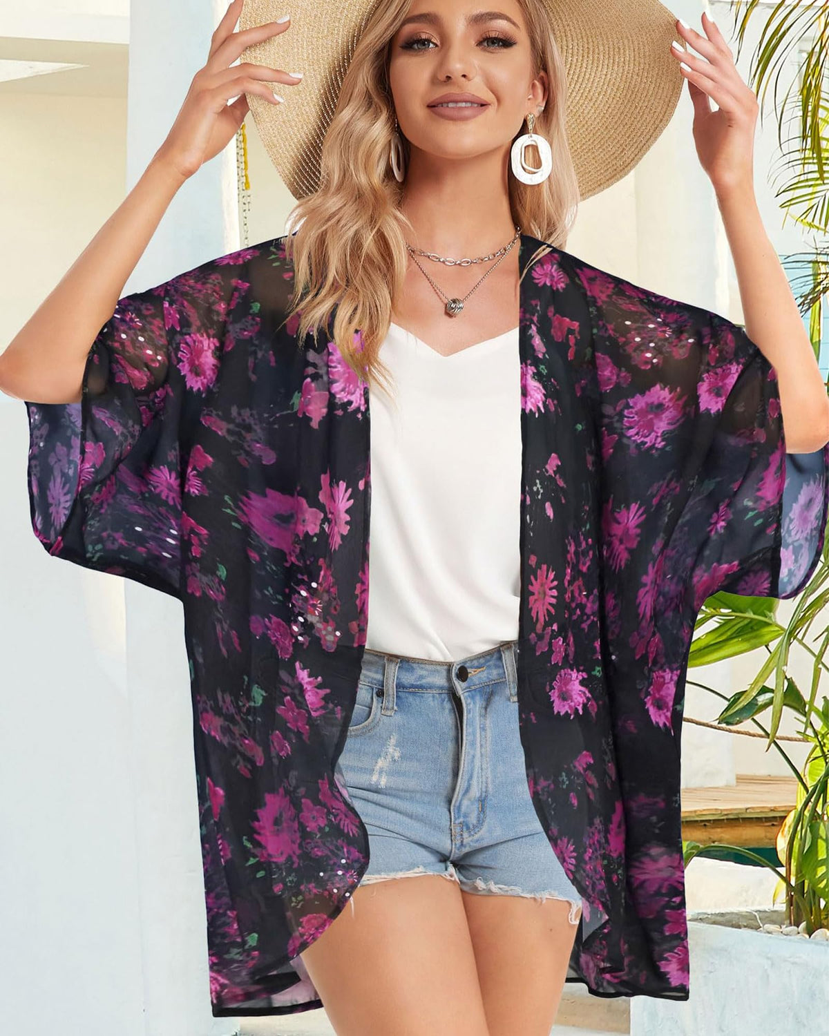 Women's Fall Tops Dressy Casual Kimono Cardigan Summer Loose Cover Up Blouse Hawaiian Shirts (RoseFloral, S)