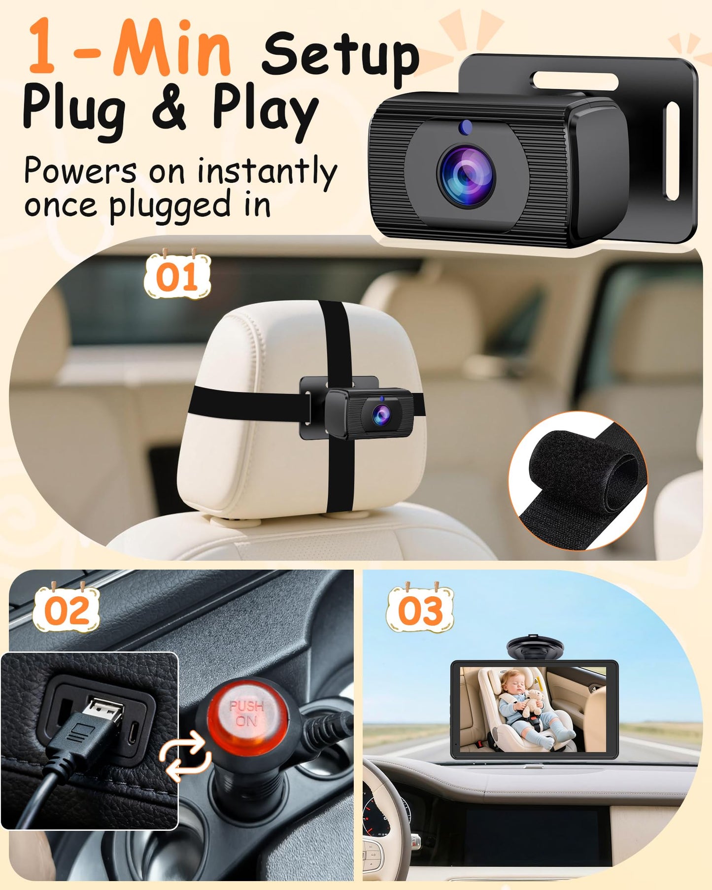 Rohent Baby Car Camera 7.2-Inch Monitor: 1080P HD Rear Facing Infant Backseat Camera with Night Vision 360° Rotation Wide Angle USB Plug & Play Anti-Glare Screen for Safe Driving F25