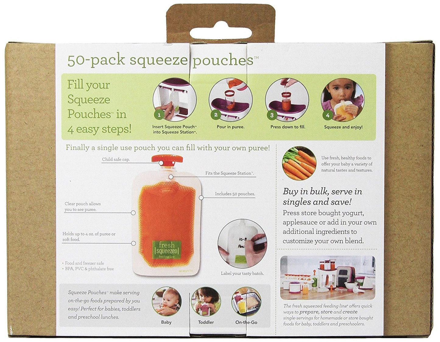 Infantino Disposable Squeeze Pouches, Baby Food Pouches for Portable Homemade Semi-Solid Food for Babies and Toddlers, BPA and PVC free, Freezer Safe, 50-Pack