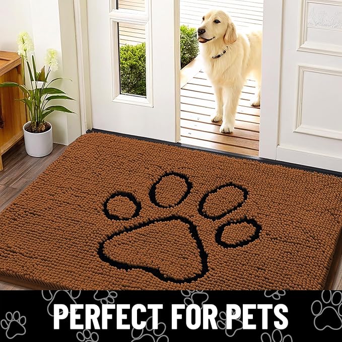 Smiry Dog Door Mat for Muddy Paws, Absorbent Dirt Trapper Non Slip Quick Dry Washable Chenille Mat for Mud Dogs, Entry Rug for Indoor and Outdoor (36x24 Inches, Ochre and Black)