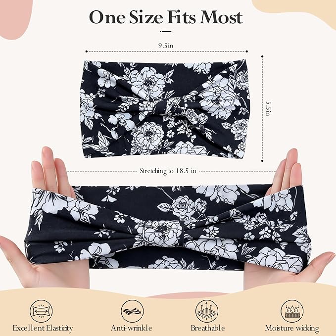 HSEM Wide Headbands for Women 6-Pack – Non-Slip Boho Hair Bands, Thick Elastic Flower Head Bands – Large Knotted Soft Stretchy Sweat Bands for Sports, Yoga, Washing Face, Makeup, Running, Spa