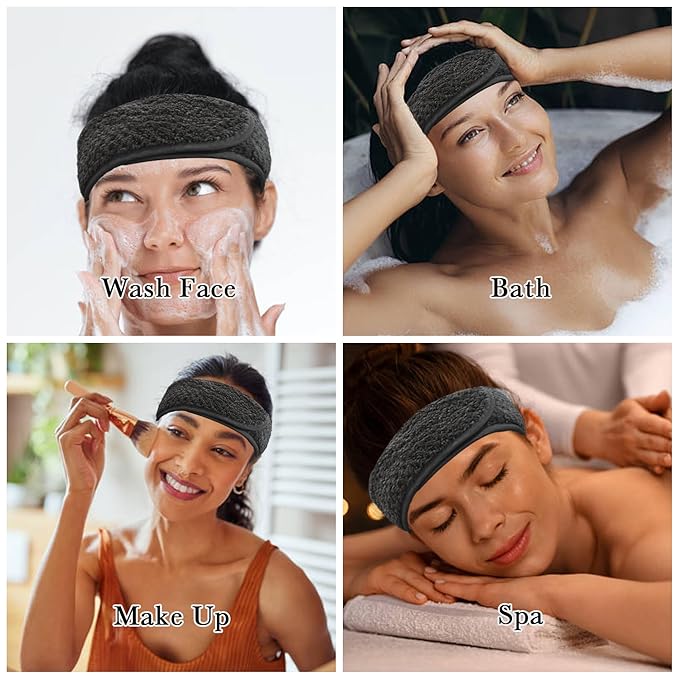 Simnice Spa Facial Headbands Esthetician,Adjustable Makeup Headband for Facials, Terry Cloth Spa Headband Hair Wrap Towel for Face Washing, Shower,Black