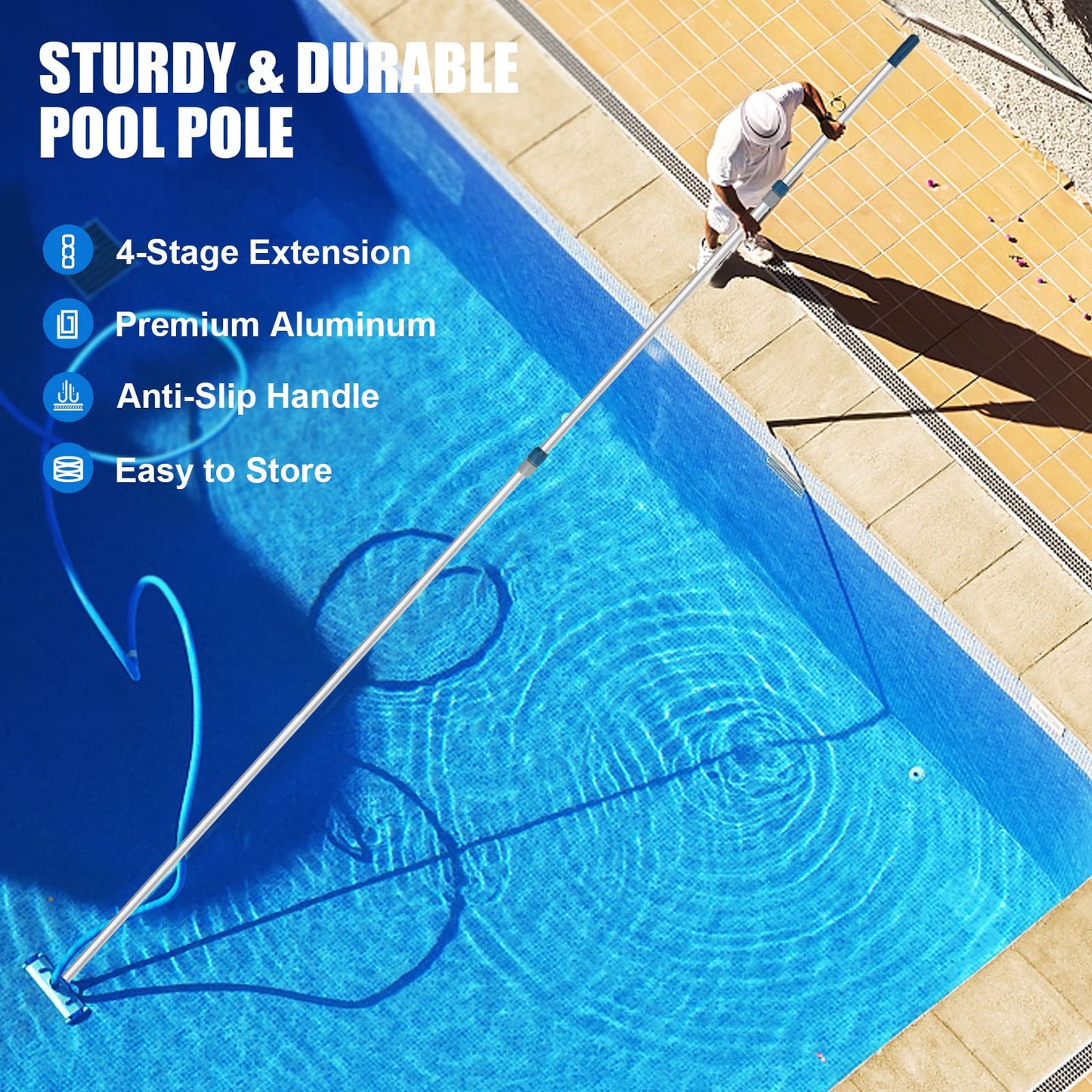 POOPLE Professional 16 Foot Telescopic Aluminum Swimming Pool Pole - Attach Connect Skimmer Nets, Rakes, Brushes, Vacuum Heads Cleaning