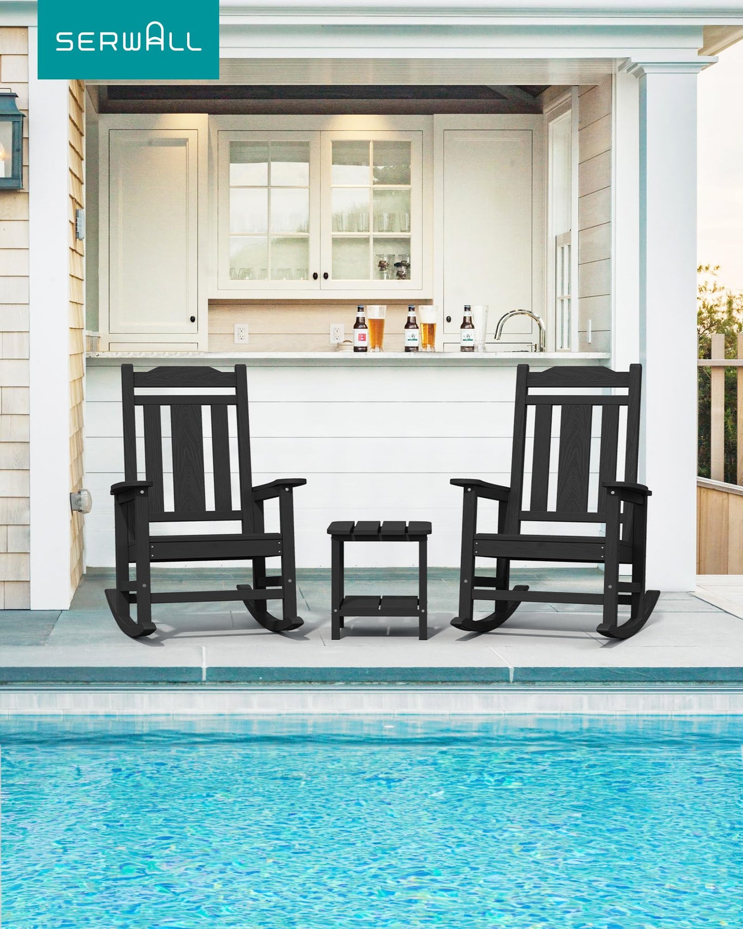 SERWALL HDPE Outdoor Rocking Chair for Adults, Outdoor Rocking Chairs Set of 6, Patio Rocking Chair Sets, Black