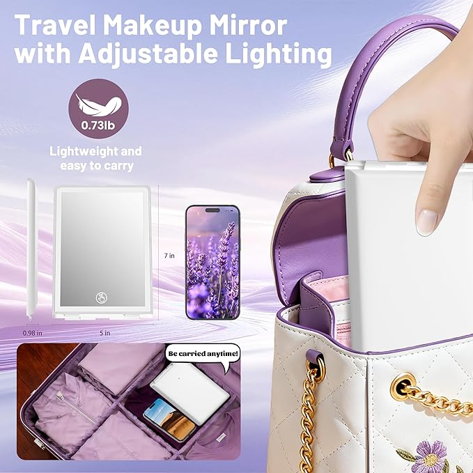 Travel Makeup Mirror with Lights, Rechargeable Portable Folding Compact Mirror, Lighted Makeup Mirror with 72 LEDs 3 Color Light Modes, Dimmable Touch Screen LED Vanity Mirror with Lights-02