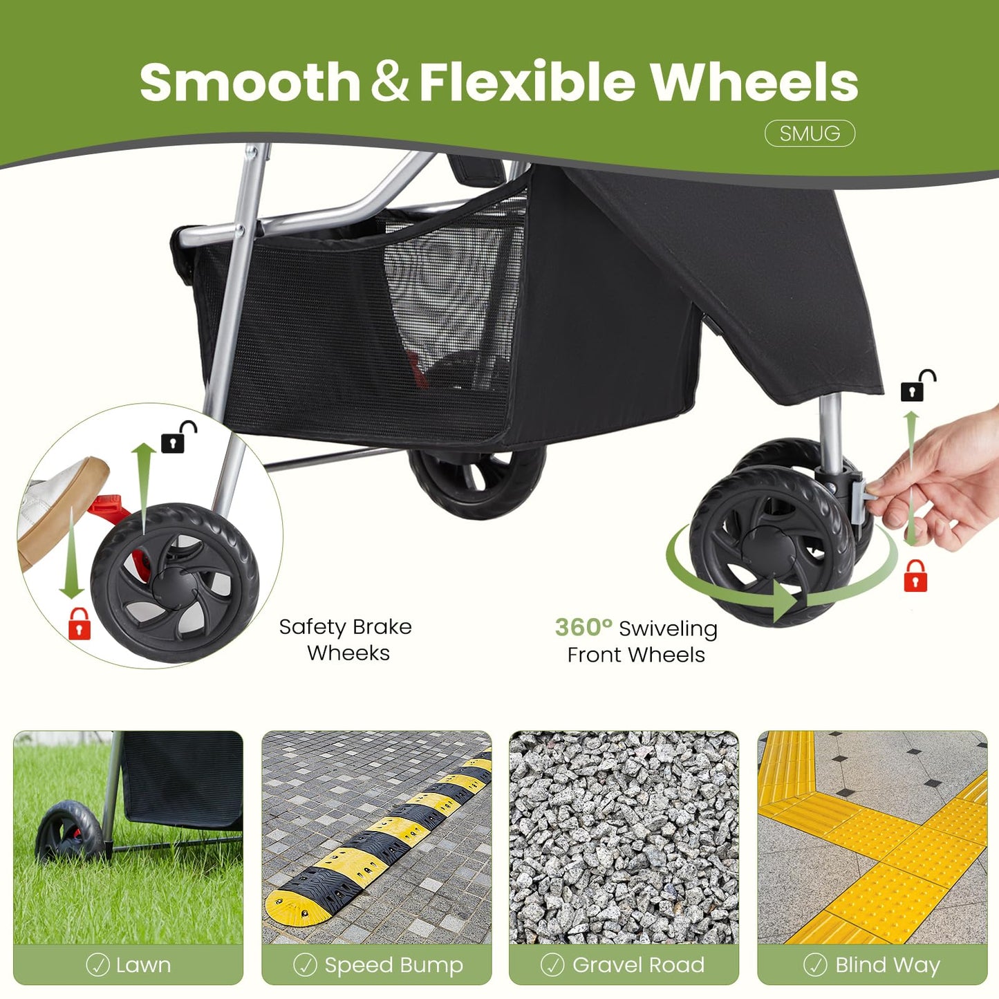 DUMOS 3 Wheels Pet Stroller for Dogs and Cats, Foldable Dog Stroller with Mesh Windows, Storage Basket & Cup Holder, Lightweight & Durable Pet Carrier for Travel, Outdoor Use – Black
