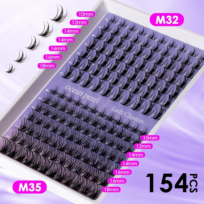 Ocean Pearl Lash Clusters Kit 154pcs 10-18mm manga/anime-inspired lashes clusters,spike-effect cluster lashes,Eyelashes,DIY Cluster Eyelash Extensions kit with lash bond+seal+remover+tweezers-M32+M35