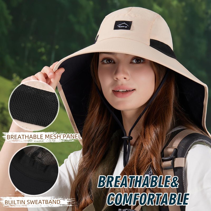 Rosoz Outdoor Sun Hat for Men Women, UPF50+ Protection Safari Cap Wide Brim Mesh Fishing Hat with Neck Flap Beach Garden