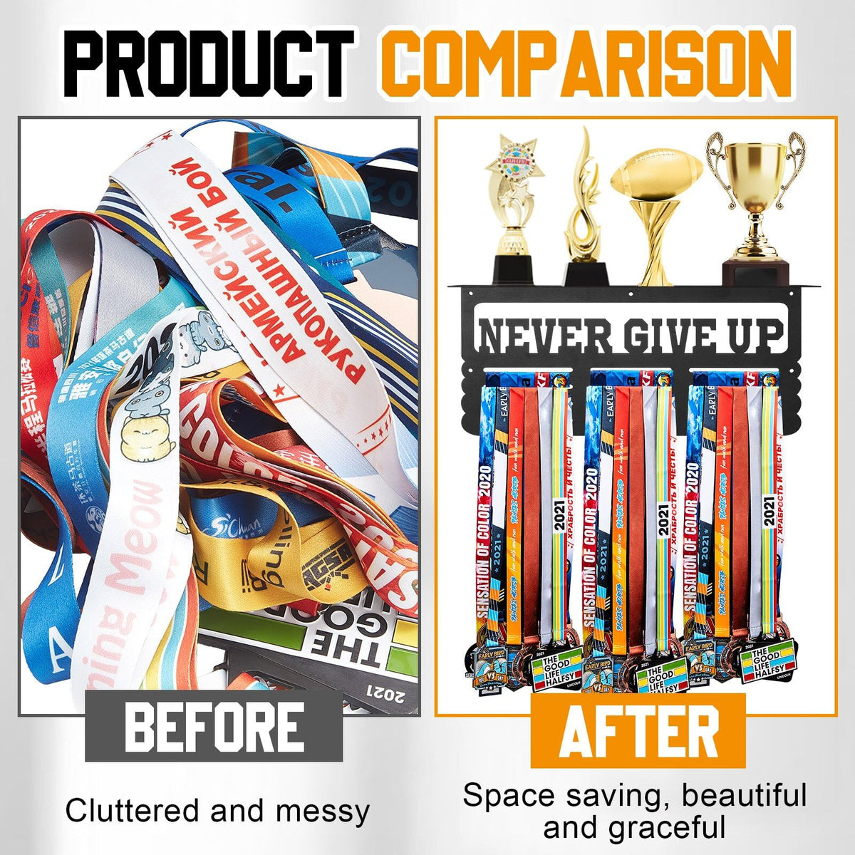 Moxweyeni Non-Slip Trophy Shelf, Trophy and Medal Display Shelf, Medal Hanger Display for Wall Holds 50+ Sports Medals, Shelves for Trophies Upgraded Holder for Gymnastics, Race, Soccer, Swim