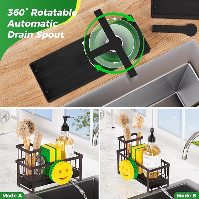 Sponge Holder for Kitchen Sink,Sink Caddy with Removable Dish Brush Holder,Self-Draining Kitchen Countertop Organizers and Storage Essentials,Soap Dispenser Organize and Home Decor-Bronze
