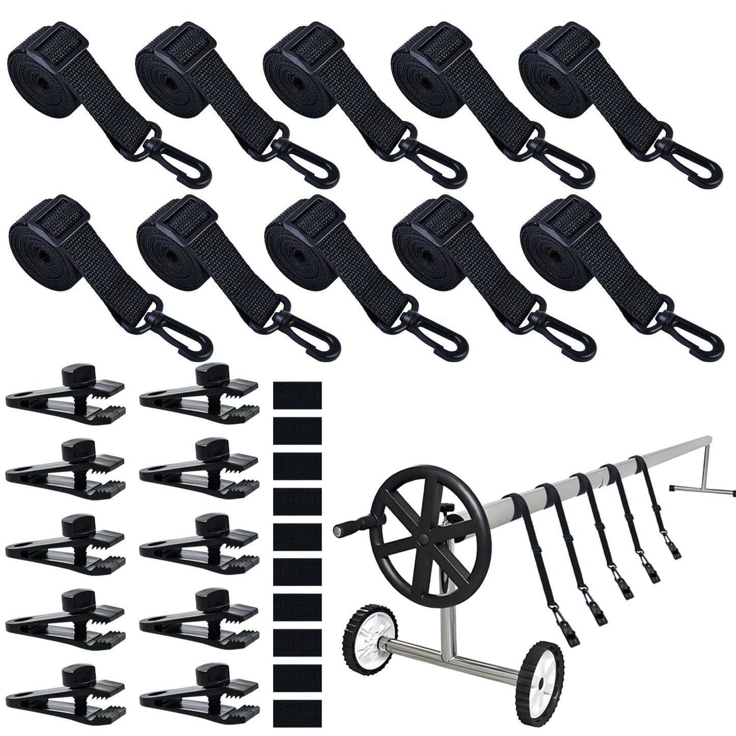 30Pcs Adjustable Length Upgraded Pool Solar Cover Reel Strap Pool Cover Reel Attachment Straps Pool Reel Strap Kit Including 10 Solar Cover Reel Blanket Straps with Hooks,10 Clamps,10 Touch Fastener