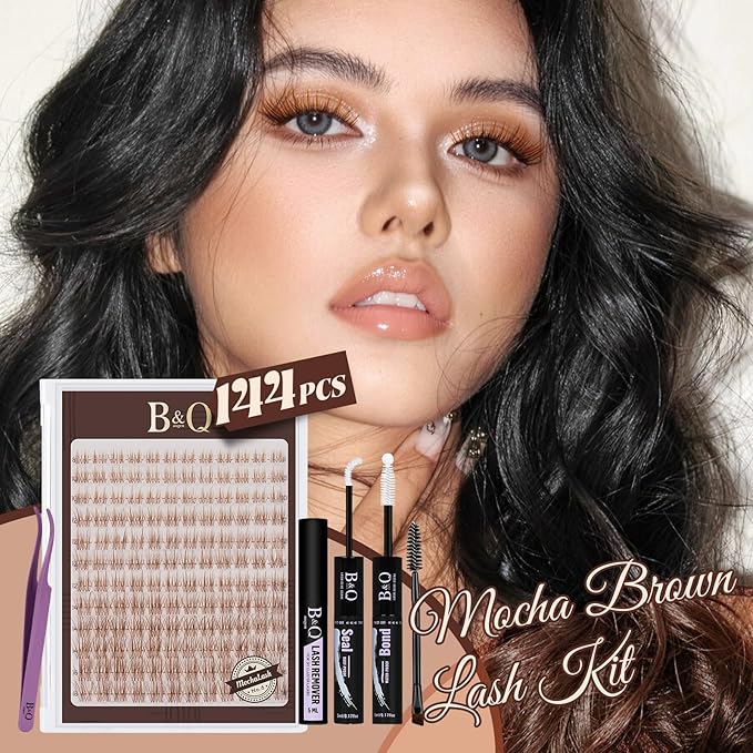 B&Q Brown Lash Clusters Kit Natural Mochalash Clusters 06, Wispy Eyelash Clusters Kit C-Curl Cluster Eyelash Extensions 8-16mm Brown Lash Eyelashes Kit for Fair/Dark Hair(Mochalash 06 Set)