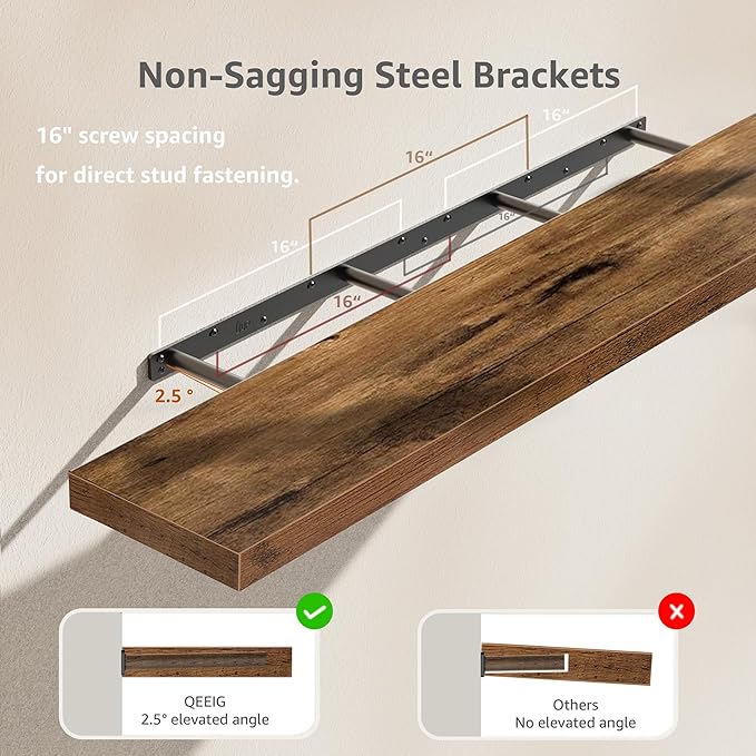 QEEIG Floating Shelves for Wall 55.1" Extra Long - Wall Shelf Bathroom Kitchen Living Room Bedroom Farmhouse Home Decor Display Bookshelf Large 55.1 x 9.3 inch Set of 2, Rustic Brown (008-140BN)