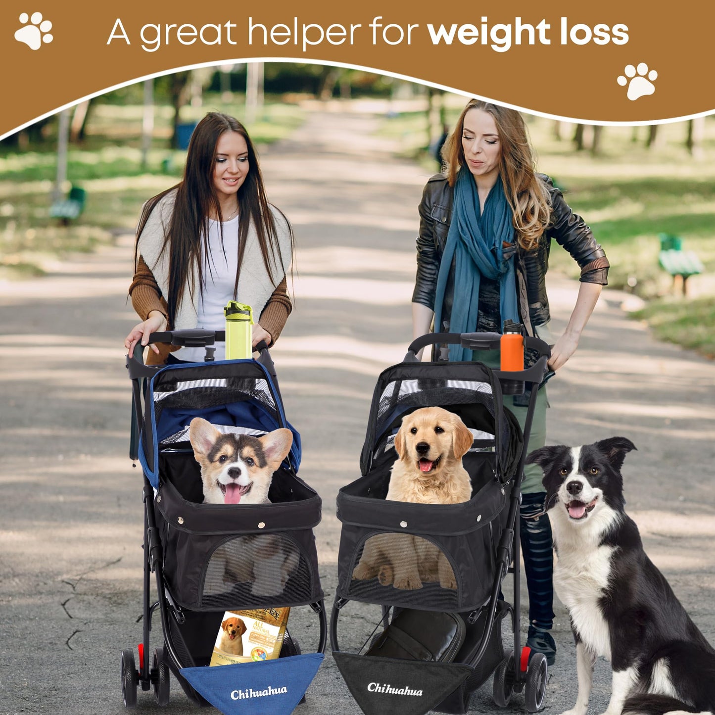 Pet Stroller,Dog Stroller for Small Medium Dogs Cats,3 Wheels,Foldable,with Breathable Mesh Canopy,Cup Holders,Easy Assembly,Deep Brown