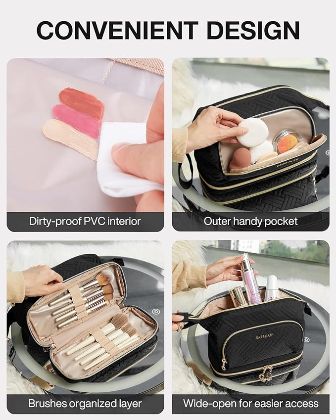 BAGSMART Travel Makeup Bag, Cosmetic Bag Make Up Organizer Case, Large Wide-open Pouch for Women Double Layers Purse for Toiletries Accessories Brushes Black