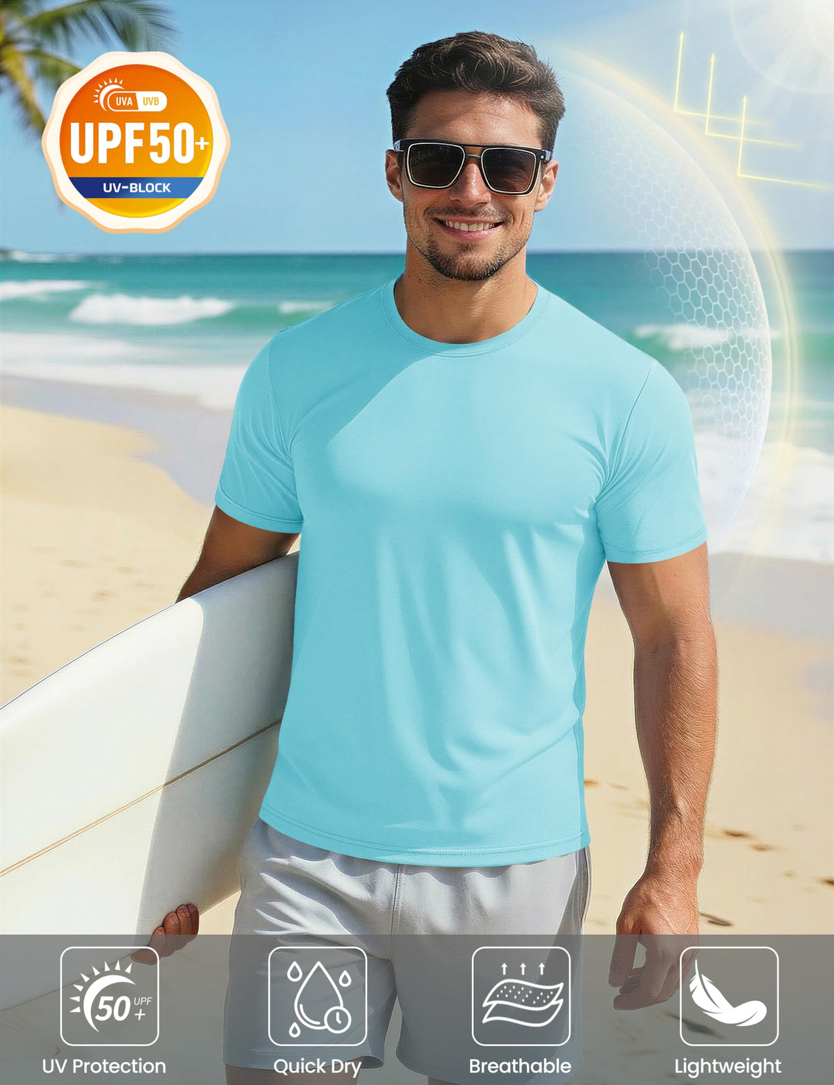 Mens Short Sleeve Sun Shirts T-Shirts UV Protection Gym Shirts Dry Fit Outdoor Shirts Men Breathable Shirts Casual Lake Blue