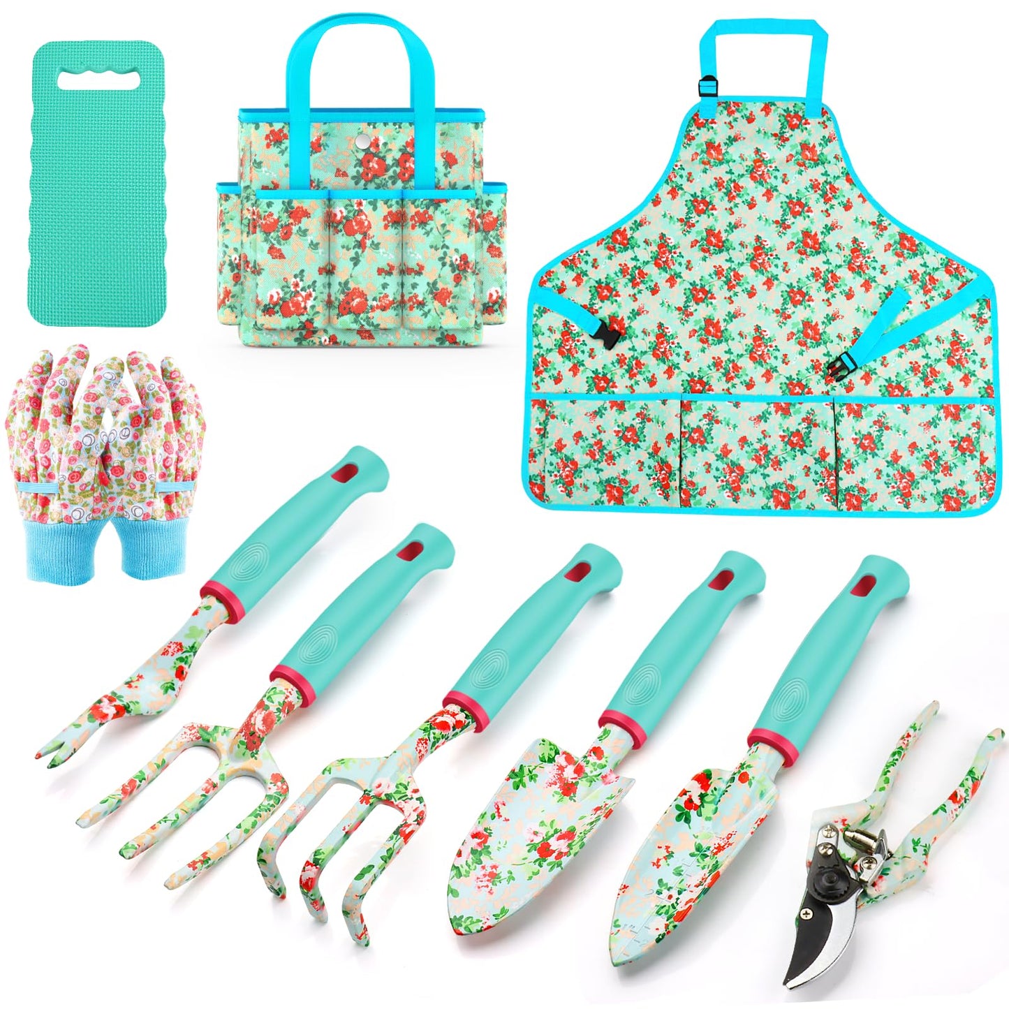 Garden Tools Set WANCHI 10 Piece Heavy Duty Floral Garden Tool Set Gardening Gifts for Women Men Birthday Rust-Proof Aluminum Garden Hand Tools Gardening Kit with Tote Bag Apron Glove