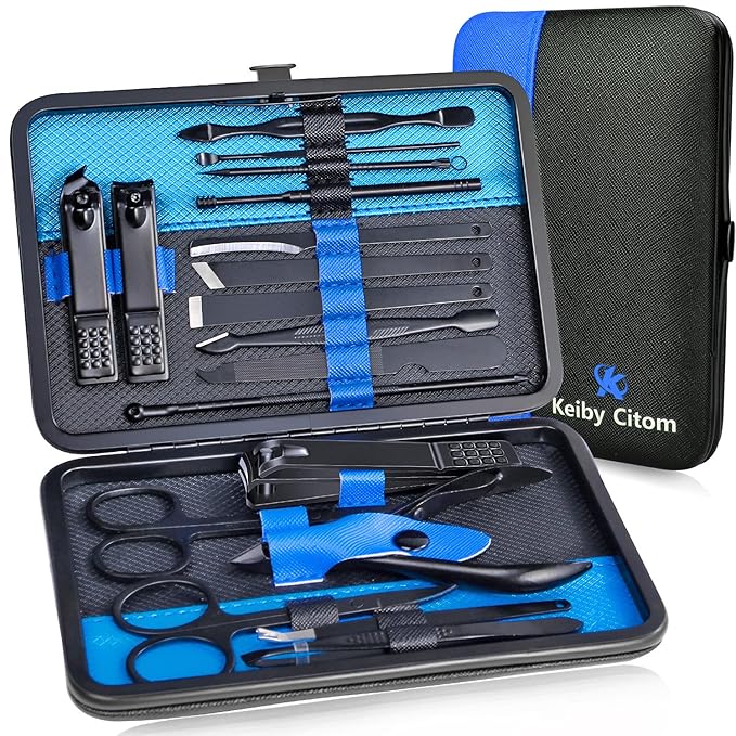 Professional Stainless Steel Nail Clipper Travel & Grooming Kit Nail Tools Manicure & Pedicure Set of 18pcs with Luxurious Case (Black/Blue)
