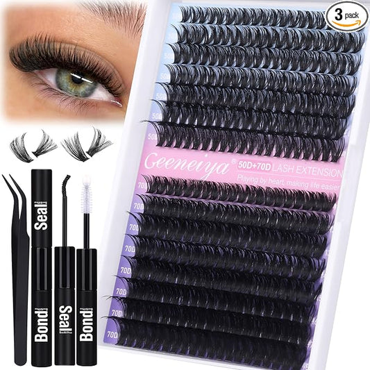 Geeneiya Wispy Lash Clusters Kit 50D+70D Lash Extension Kit 10-18mm Cluster Eyelash Extensions Kit Natural Individual Lashes Kit with Waterproof Lash Bond and Seal Glue Lash Tweezers for Beginners