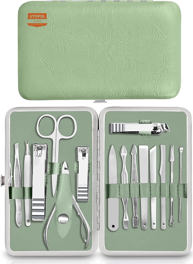 Utopia Care - Manicure Kit for Women and Men, Manicure Set with Nail Clippers or Nail Kit Includes Fingernail & Toenail Clippers,15-Pcs Pedicure Kit Stocking Stuffers with Travel Case - Green