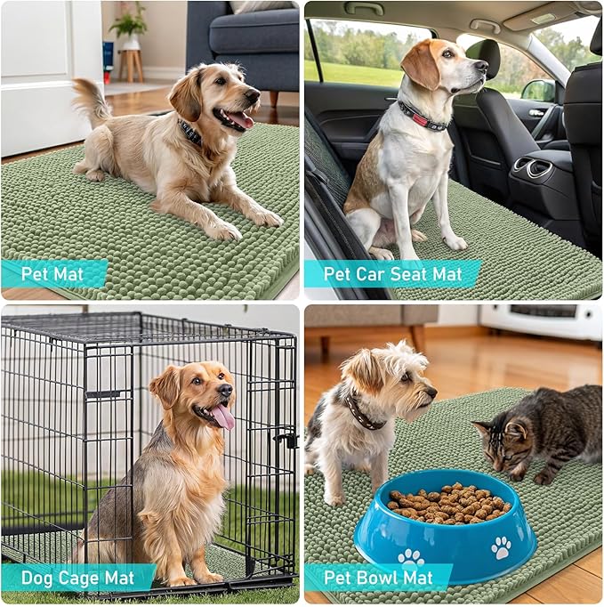 OLANLY Dog Door Mat for Muddy Paws 44x24, Absorbs Moisture and Dirt, Absorbent Non-Slip Washable Doormat, Quick Dry Chenille Mud Mat for Dogs, Entry Indoor Entryway Carpet for Inside Floor, Sage Green
