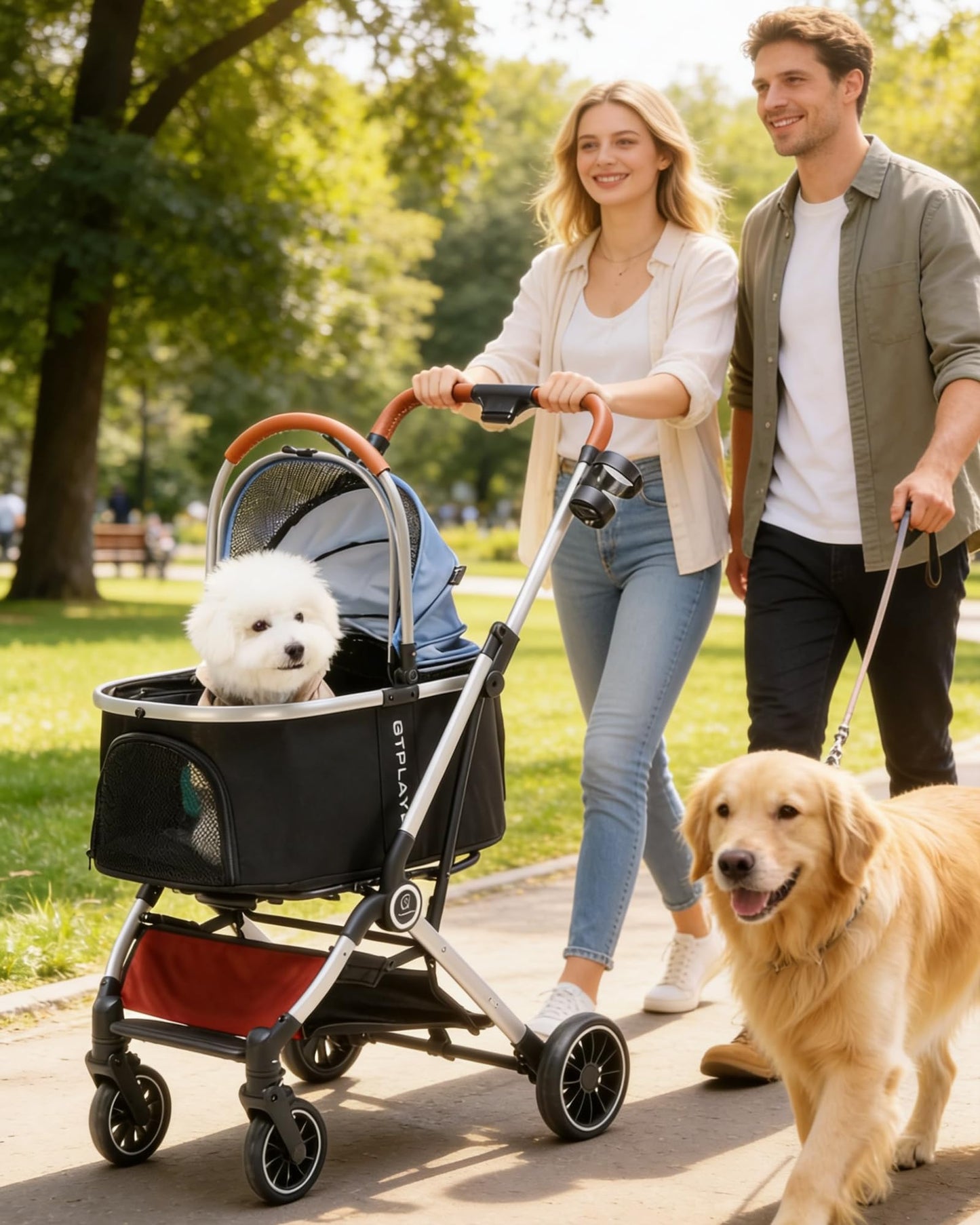GTPLAYER Pet Stroller for Small Dogs and Cats, One-Click Foldable, Detachable Carrier, Breathable Mesh, 45 lbs Capacity, 2 Safety Leashes, Storage Basket & Cup Holder, Light Blue