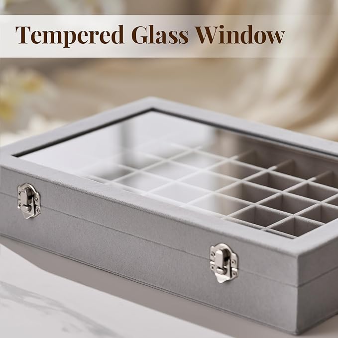 48 Grid Earring Organizer and Storage: Velvet Jewelry Tray with Lid, Jewelry Box for Studs, Earrings, Rings, Necklaces, Dresser & Vanity, Earrings Case Organizer for Girls, Women, 13"x8.6"x2.4", Grey