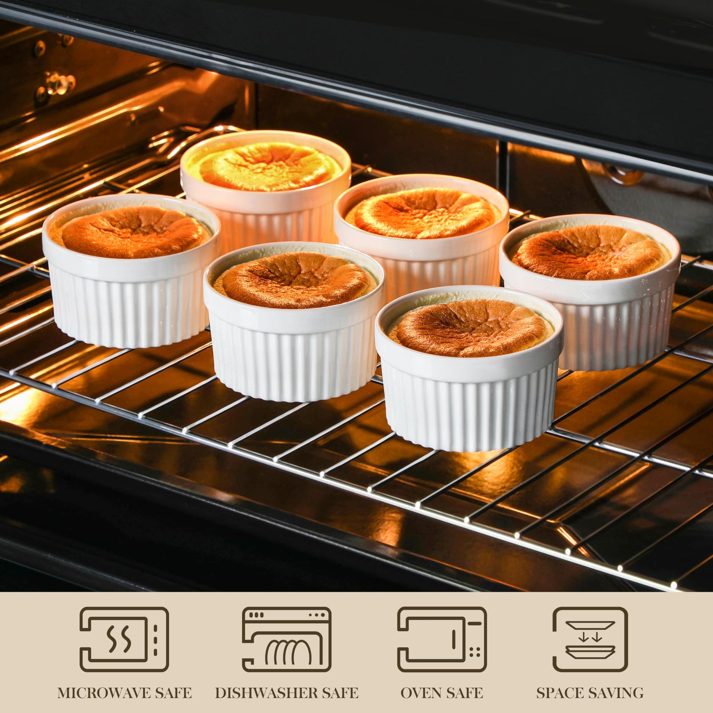 MALACASA Ramekins 12 oz Oven Safe, Porcelain Creme Brulee Ramekins Pudding Custard Cups Large Ceramic Souffle Dishes Ramakan Ramiken Ramicans Baking Bowls Set of 6, White, Series RAMEKIN-DISH
