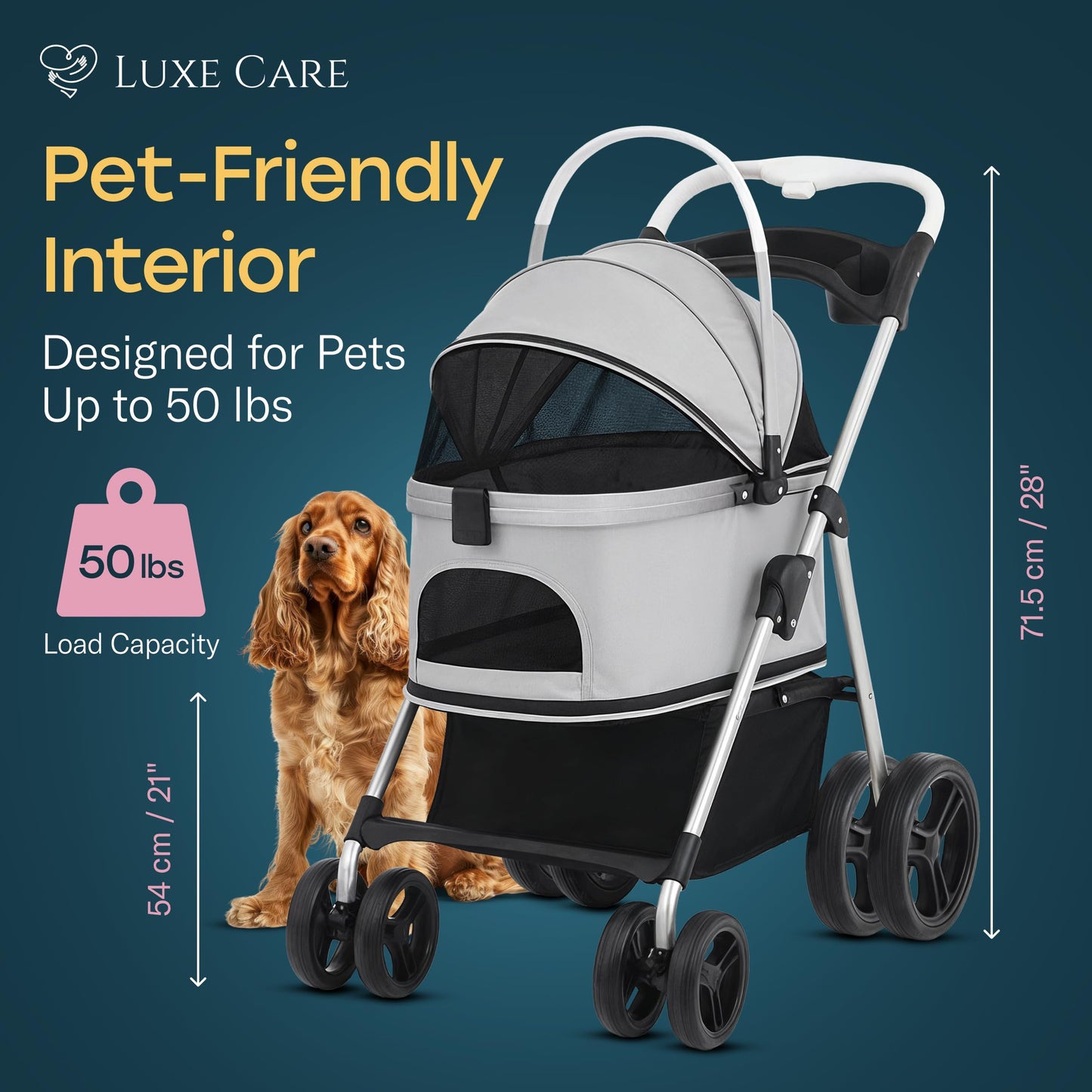 LUXE CARES 4 Wheel Foldable Pet Stroller - Lightweight Dogs and Cats Stroller Upto 50lbs with Mesh Canopy, Storage Basket and Cup Holder, Durable for Walks and Outings (Medium)
