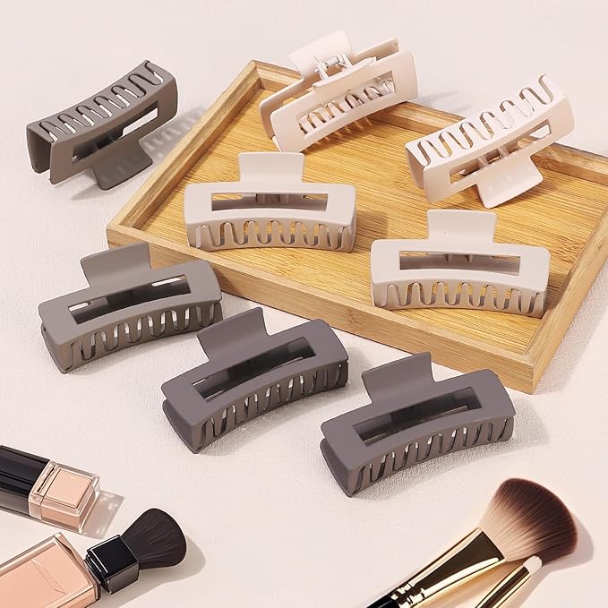 8 Pcs Large Hair Claw Clips 4.1 Inch Non-slip Big Square Matte Hair Claws for Women, Strong Hold Banana Clip for Thick Thin Hair(White/Brown)