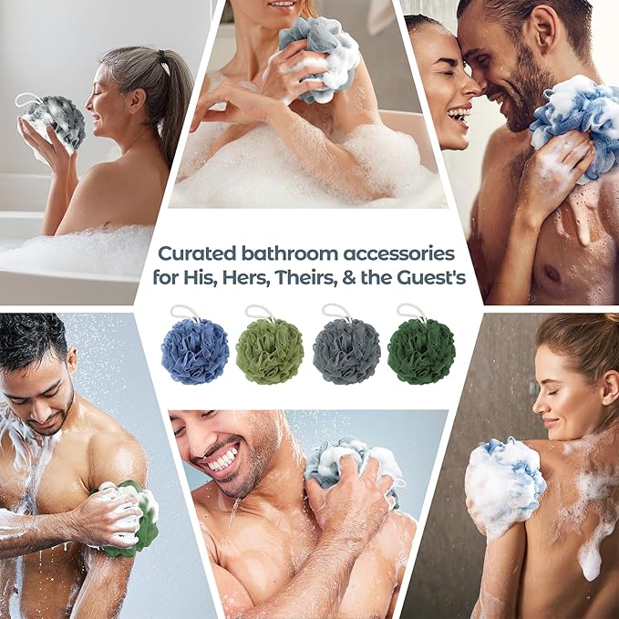 Rnoafmu Shower Loofah Bath Sponge, 60G Loofah Exfoliating Body Scrubber, 4 Color Mesh Shower Pouf Balls for Body Wash (Blue Gray Green Dark Green)