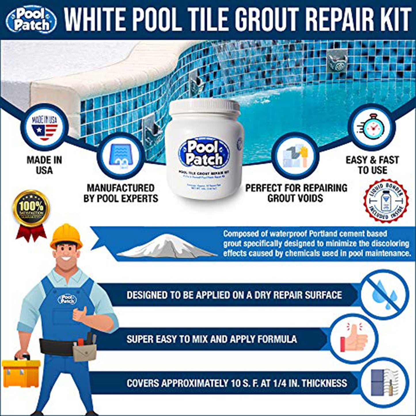 Pool Patch White Pool Tile Grout Repair Kit, 3-Pound, White