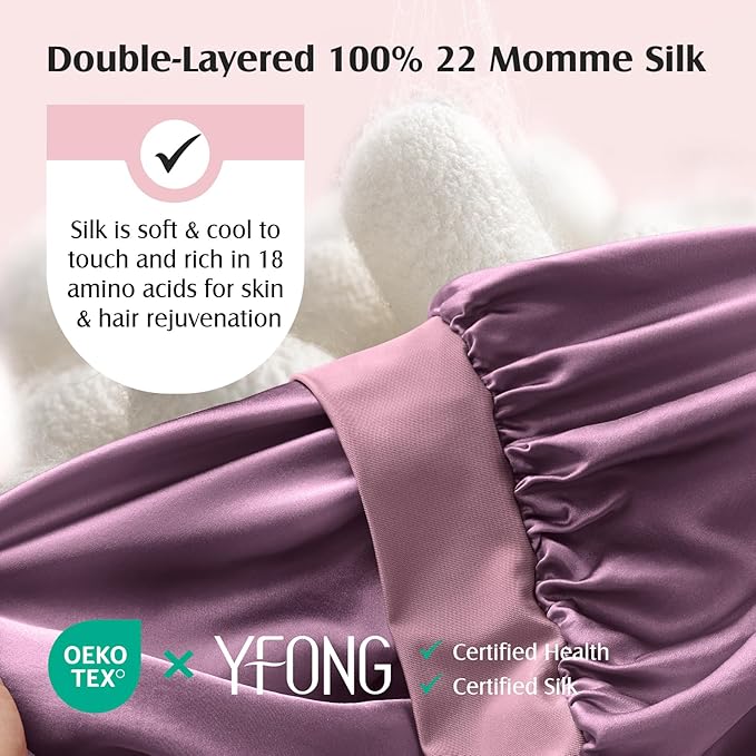 YFONG 100% 22 Momme Mulberry Silk Bonnet for Sleeping Women, Larger Double Layer Silk Hair Wrap for Curly Short Long Hair, Non-Slip Sleep Cap Turban with Elastic Tie Band for Hair Care, Deep purple