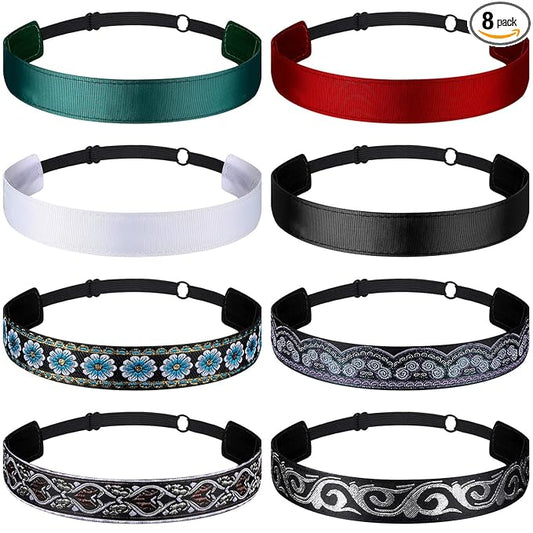 Sintege 8 Pcs Woman Elastic Headband Adjustable Non Slip Velvet Lined Headbands Solid Color Boho Hair Bands for Women Sport Yoga Work Makeup Stylish Hairband(Classic Style)