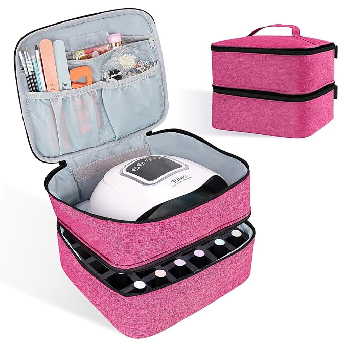 Nail Polish Organizer Holds 30 Bottles (15ml - 0.5 fl.oz) Double-layer Gel Nail Polish Kit Case, Nail Holder for Nail Lamp, Portable Nail Organizer and Storage for Nail Supplies (Rose)