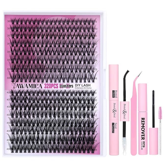 Yawamica DIY Lash Extension Kit 320pcs Individual Lashes Cluster, 9-16mm Mix 30D 40D Eyelash Clusters Wispy Lash Clusters Kit with Bond and Seal and Remover and Lash Applicator for Beginners