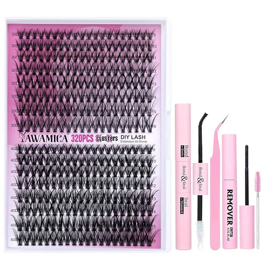 Yawamica DIY Lash Extension Kit 320pcs Individual Lashes Cluster, 9-16mm Mix 30D 40D Eyelash Clusters Wispy Lash Clusters Kit with Bond and Seal and Remover and Lash Applicator for Beginners