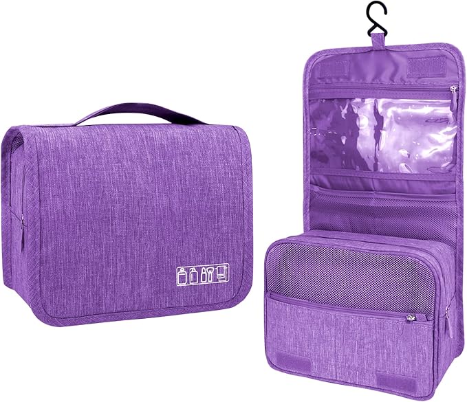 Large Capacity Toiletry Bag Travel Bag with Hanging Hook for Men and Women Waterproof Travel Cosmetic Bag Bathroom Storage Bag for Brushes Set, Full-Sized Shampoo, Toiletries, (Purple)