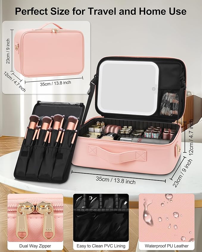 Relavel Travel Makeup Bag With LED Mirror, Portable Cosmetic Bag Organizer with Adjustable Brightness in 3 Color Scenarios, Small Cute Train Case with Detachable Dividers for Trip- Pink Strip