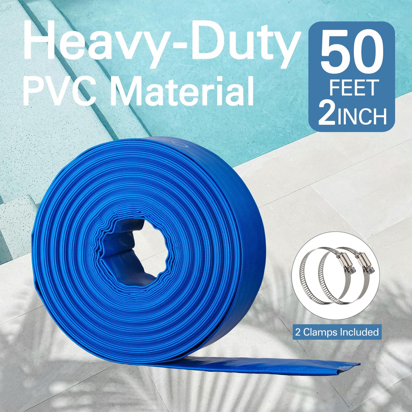 OasisTrim 2" x 50FT Pool Backwash Hose, Heavy-Duty Pool Hose, Lay Flat Discharge Hose, Durable Burst Resistant, Pool Filter Pump Water Drainage, Sump Pump Discharge, with 2 Clamps