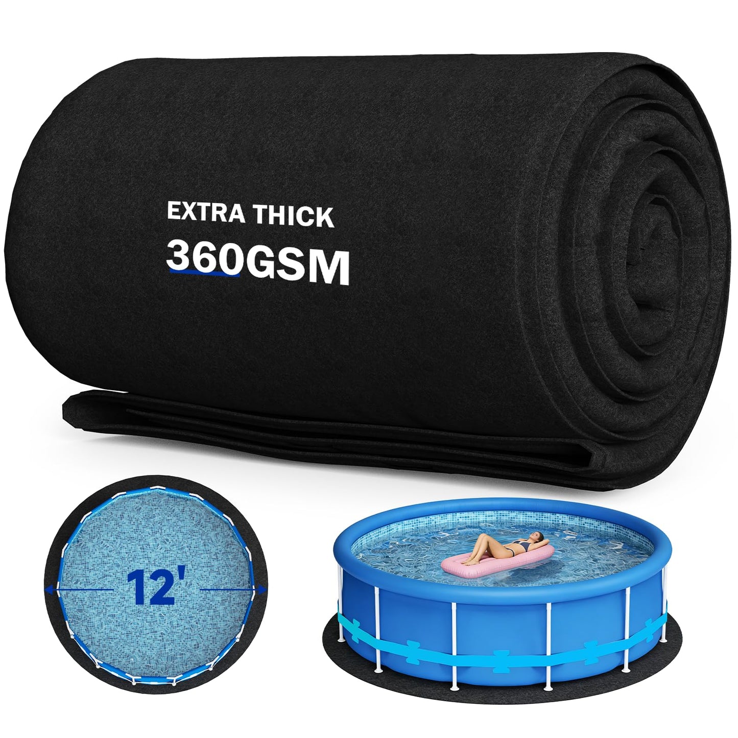 Uyittour 12Ft Round Pool Liner Pad for Above Ground Pools, 360G/M² Extra Thick Heavy Duty Under Pool Mat, Seamless Puncture Resistant Geotextile Fabric Ground Padding, Extends Liner Life, Black