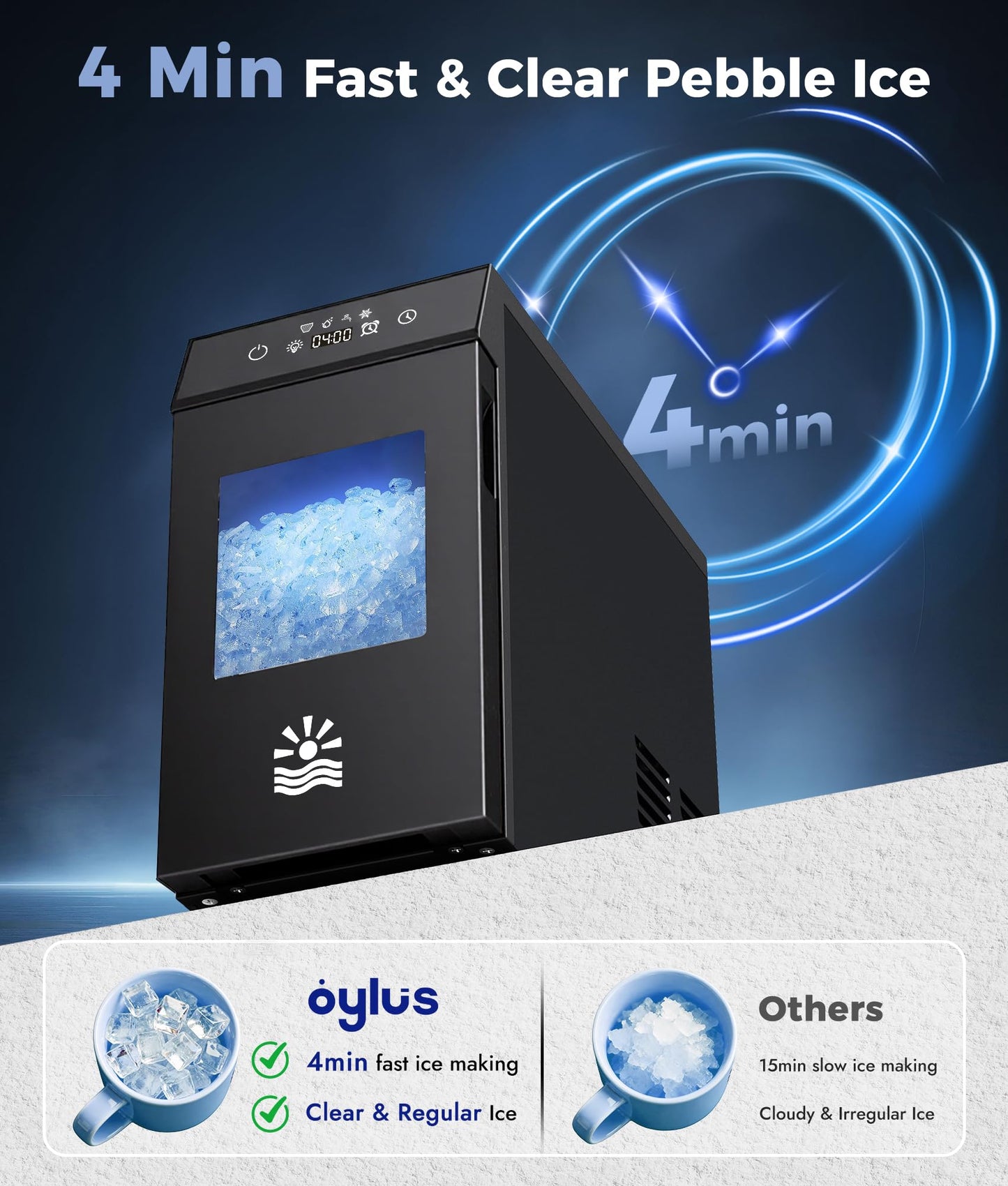 Oylus Nugget Ice Maker Countertop, Smart Pebble Ice maker with LCD Panel, 4min Making, 26lbs/24H Crushed Chewable Ice, Pellet ice maker with Timer Status Alert, Self-Cleaning, Chewy Ice for Home Party