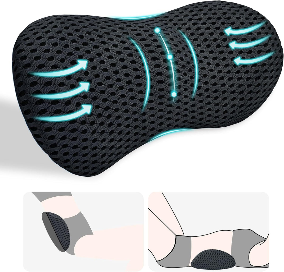 kasney Lumbar Support Pillow, Back Pillow for Low Back Pain Relief, Ergonomic Streamline Car Seat, Office Chair, Recliner and Bed (Black)