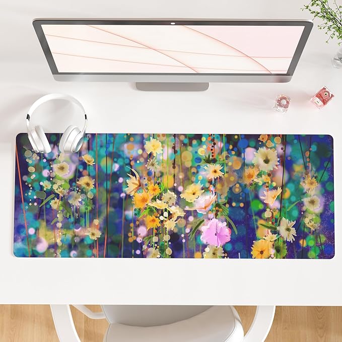 QIYI Large Desk Pad, Waterproof PU Leather Mouse Pad for Desktop, Blue Green Floral Home D??cor Office Desk Accessories, Non Slip Desk Mat Writing Pads for Home Office 31.5" x 11.8" - Ivy Flowers